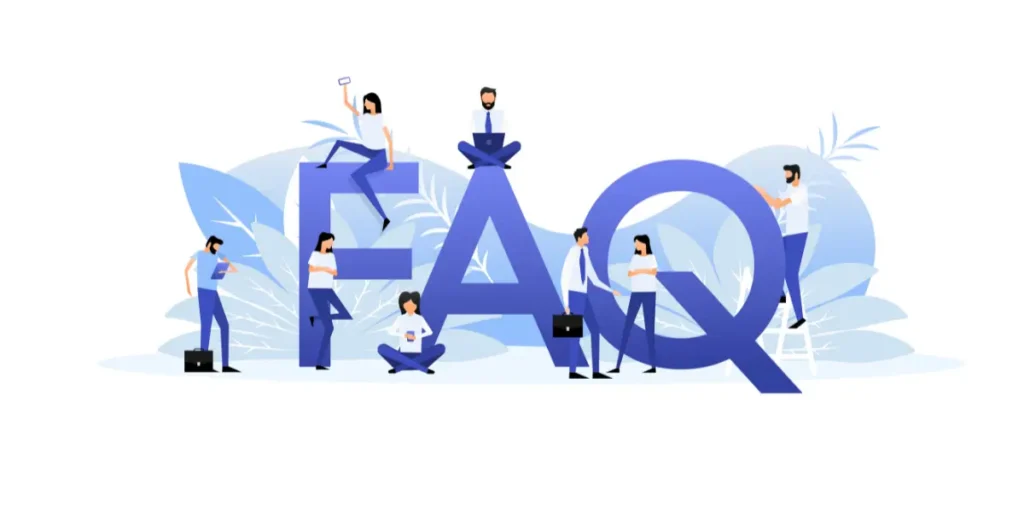 Large "FAQ" written in blue, surrounded by men and women.