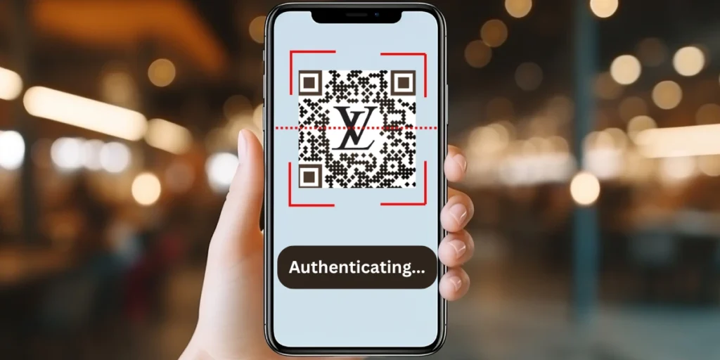 Person using a Louis Vuitton QR Code for authentication.