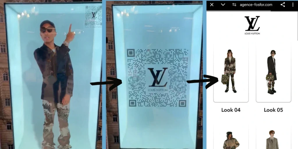 Pharrell Williams's first LV fashion show, using QR Code on screen to access designer clothes.