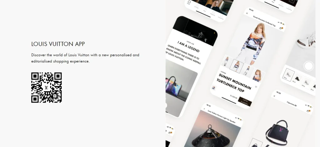 Louis Vuitton Website displaying LV QR Code for app download.