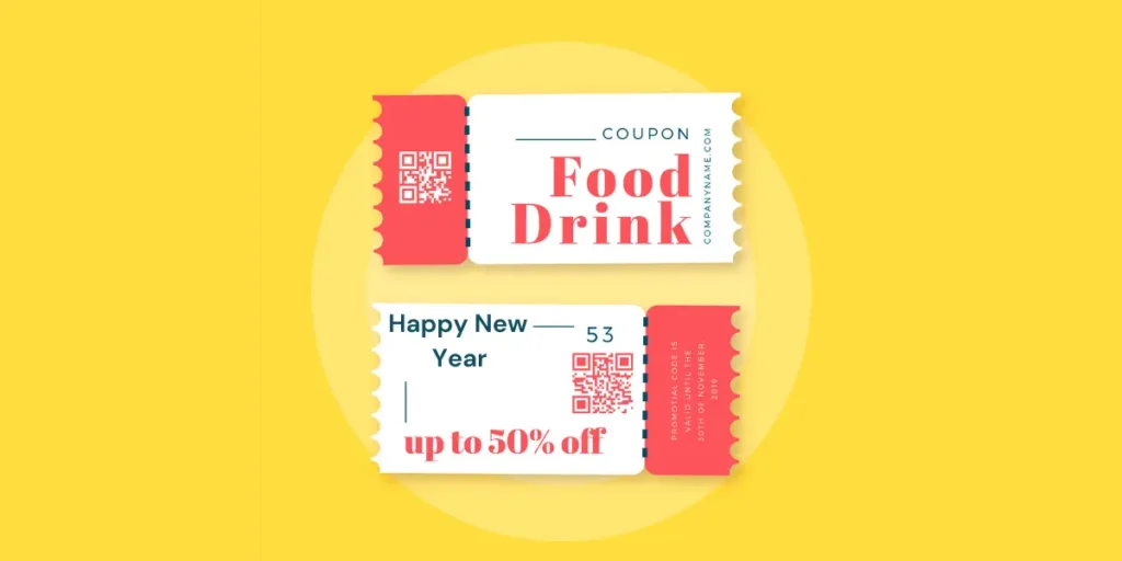 Two food and drink coupons on a yellow background, featuring QR codes for New Year's.