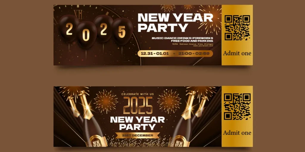 New Year 2025 party invite featuring QR codes for entry validation.