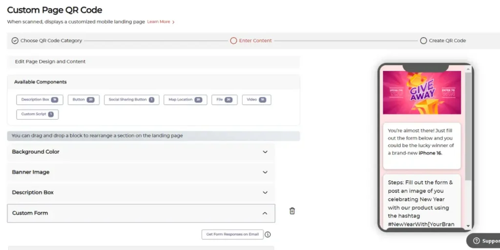 Dashboard of Scanova's custom landing page QR code for a sample giveaway.