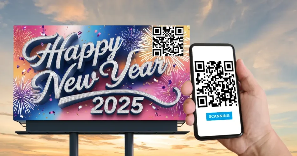 Person holding smartphone, scanning a Happy New Year's QR code banner.