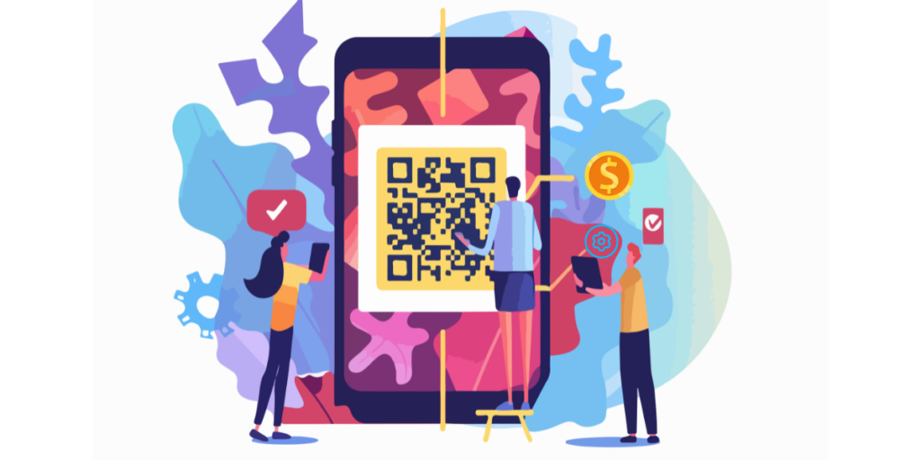 Illustration of people analyzing the factors affecting QR Codes cost on a large smartphone.