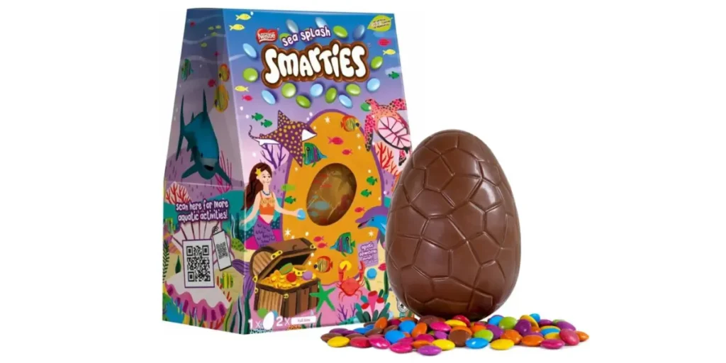 Smarties Sea Splash special Easter packaging featuring a QR code.