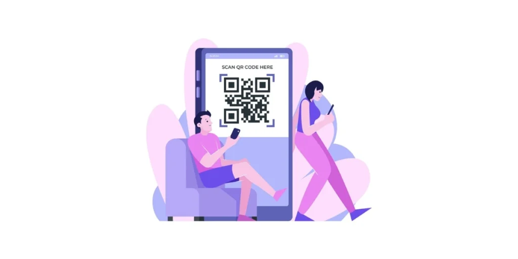 a man and a woman chilling near a giant screen with a QR Code