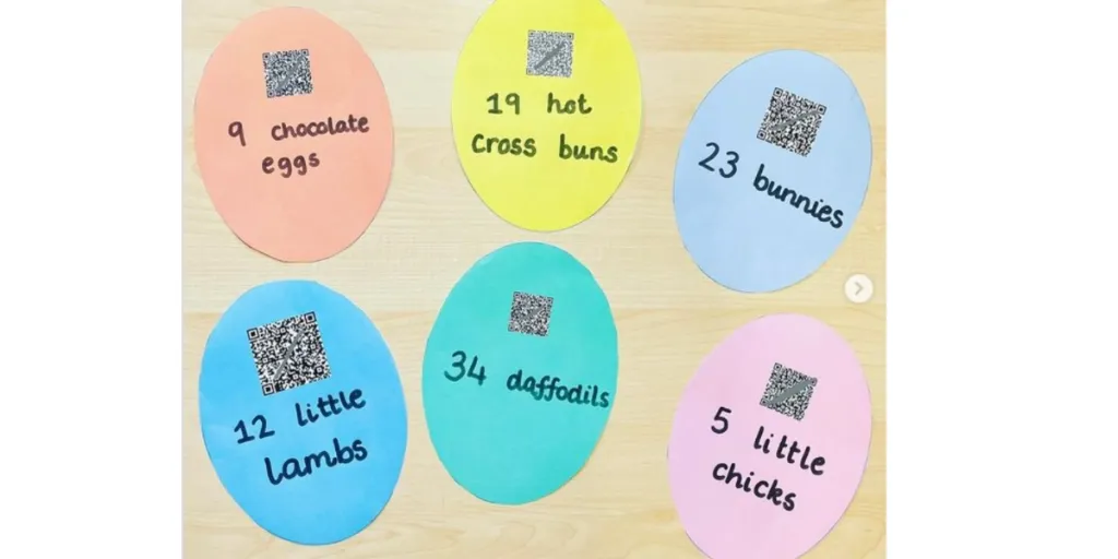 Clues for an Easter Egg Hunt created by Teaching2Plus, featuring a QR Code on each clue.