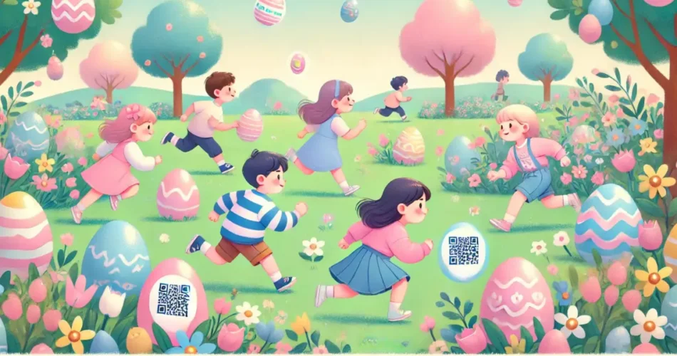 Kids running around in the park in search of Eggs with a QR Code on it during Easter Egg Hunt