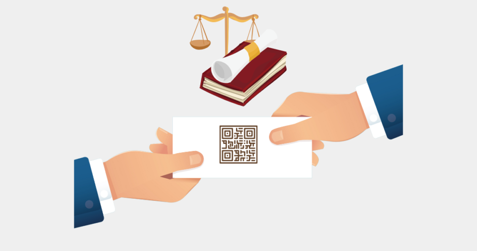 Two hands exchanging a lawyer business card with a QR Code on it.