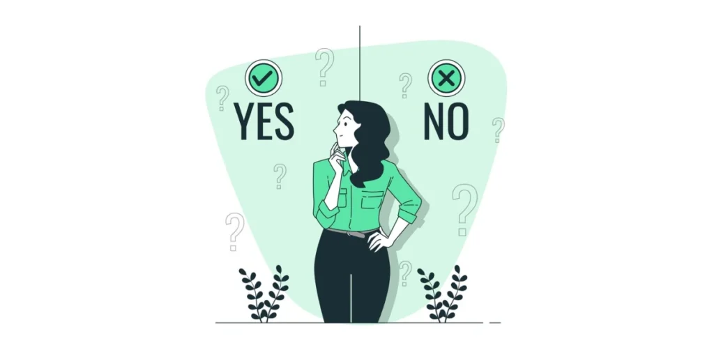 a woman standing near a Yes and No sign