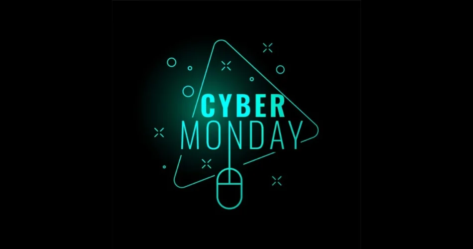 A background bearing a glowing Cyber Monday text