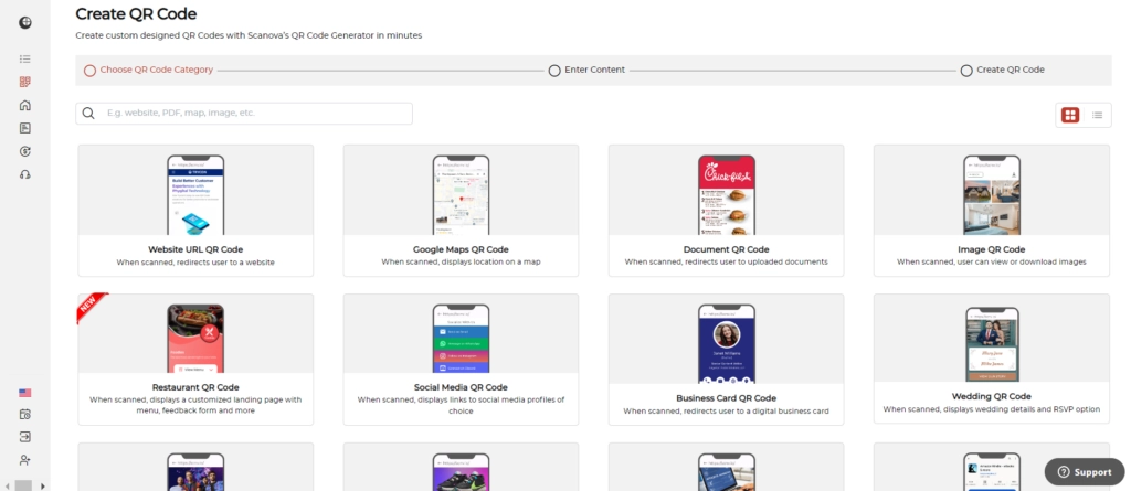 Scanova's dashboard displaying various QR code categories to choose from.