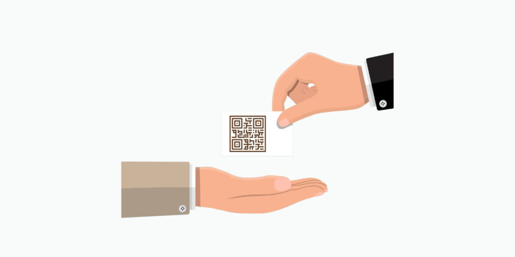 Two hands exchanging a lawyer business card with a QR on it.