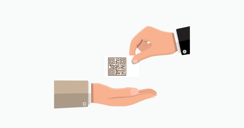 Two hands exchanging e-business card with a QR on it.