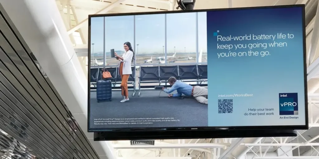 Intel QR code on an airport display screen.