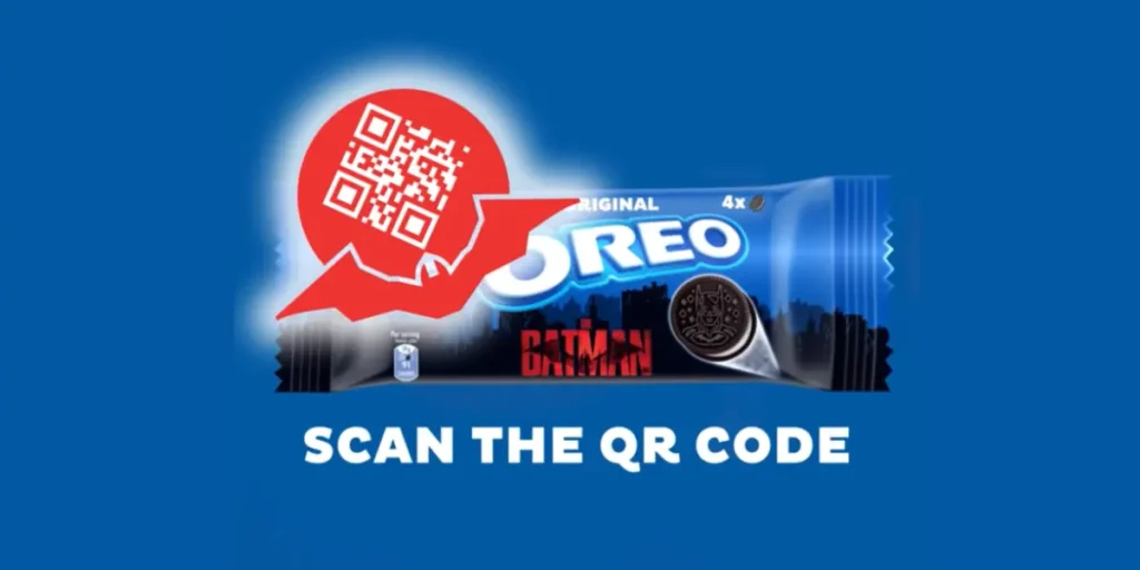 Promotional Batman X Oreo pack, highlighting the QR code to scan and win rewards.