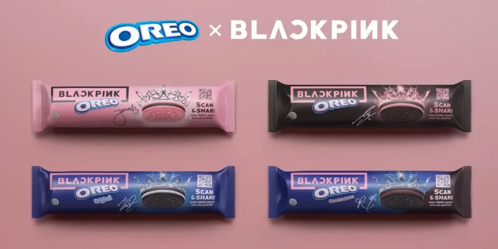 Four different flavors of Blackpink Oreo featuring QR codes to create an Oreo moment with Blackpink.