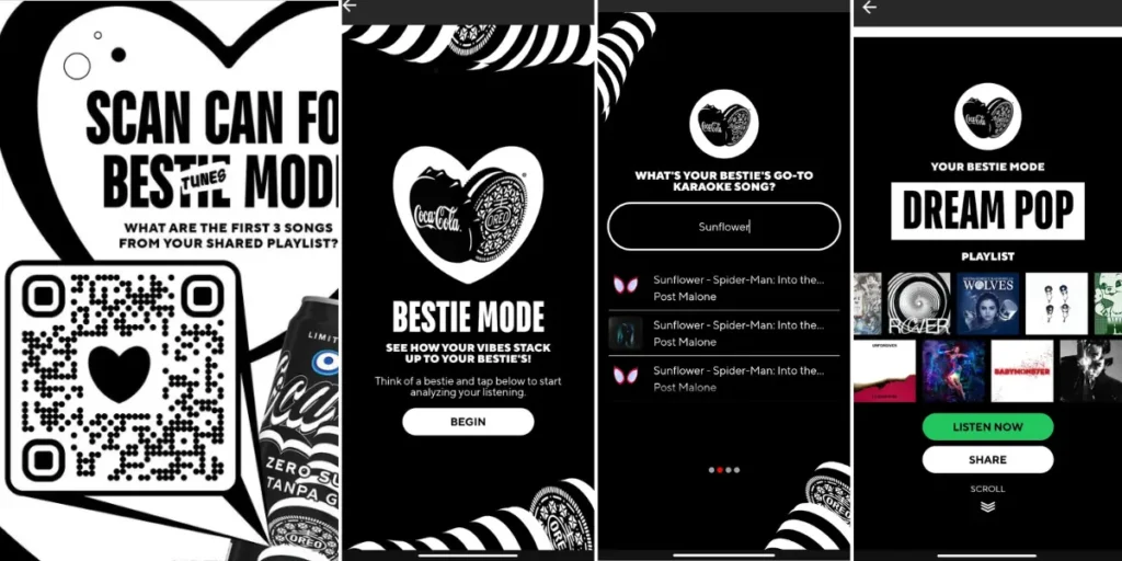 Steps showing the process of creating a customized Bestie Playlist by scanning the Oreo X Coca-Cola QR code.