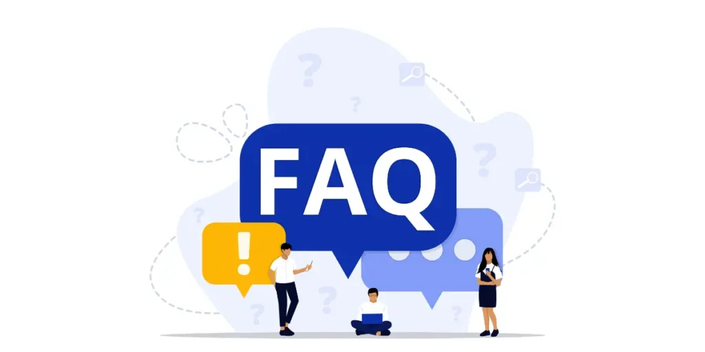 Illustration of a large FAQ written in a text bubble, with people standing around it.