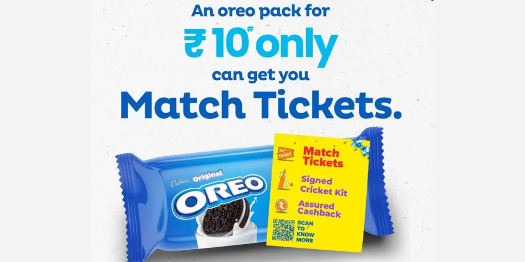 Pack of limited-edition "A Gift from Dhoni" Oreo, showcasing rewards unlocked by scanning the Oreo QR code.