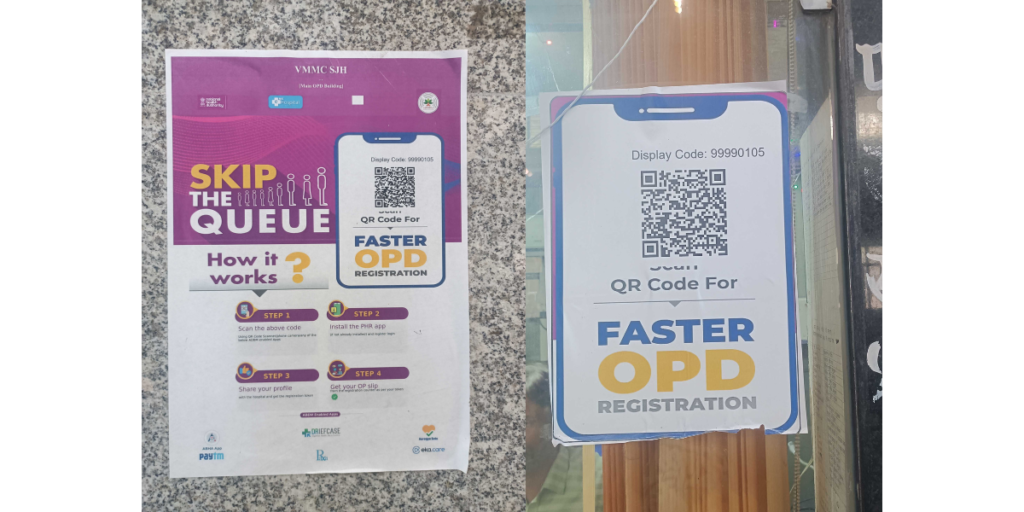 Poster at Delhi's Safdarjung Hospital for QR Code OPD registration.