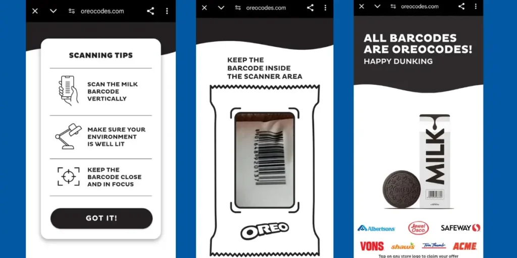 Phone screen displaying steps to use Oreo codes and scan barcodes to reveal rewards.