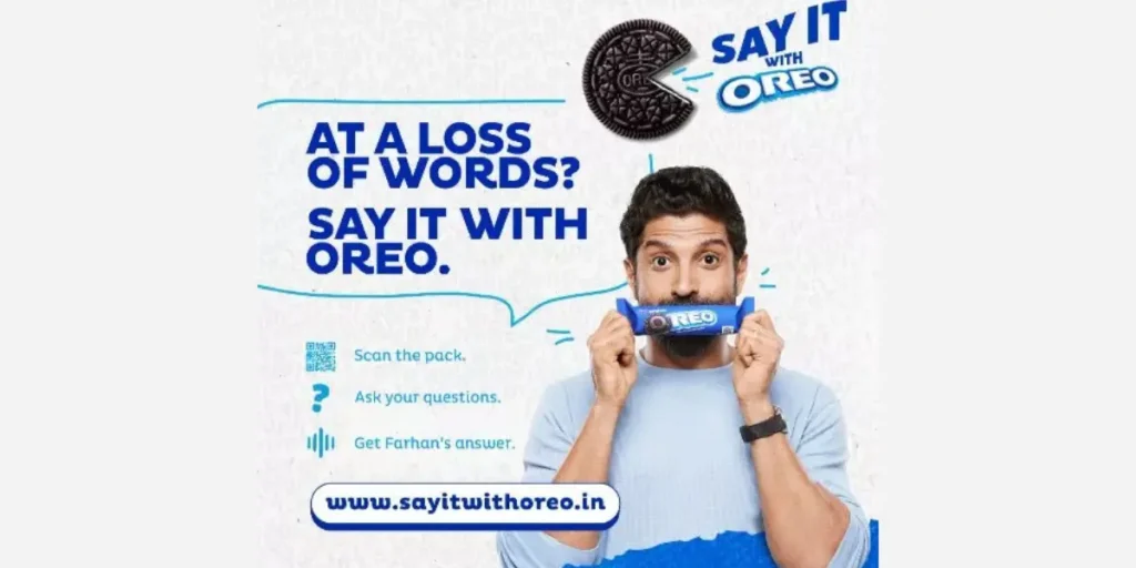 Farhan Akhtar holding an Oreo in front of his mouth, with steps to join SayItWithOreo using Oreo QR codes beside him.