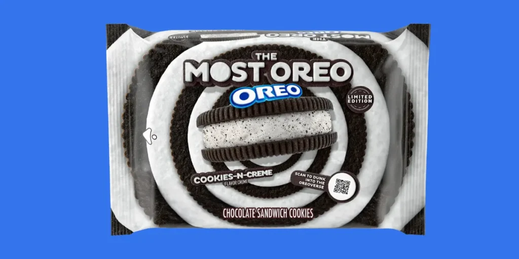 Packet of limited-edition "The Most Oreo Oreo" featuring a QR code to enter the Oreoverse.