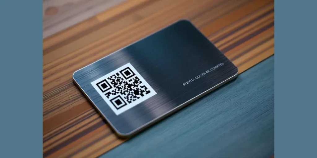 A metal QR Code business card, on a wooden table.