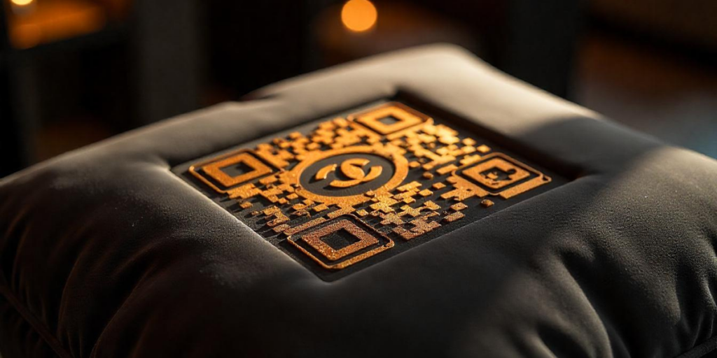 A yellow QR Code on a engraved on a soft material.