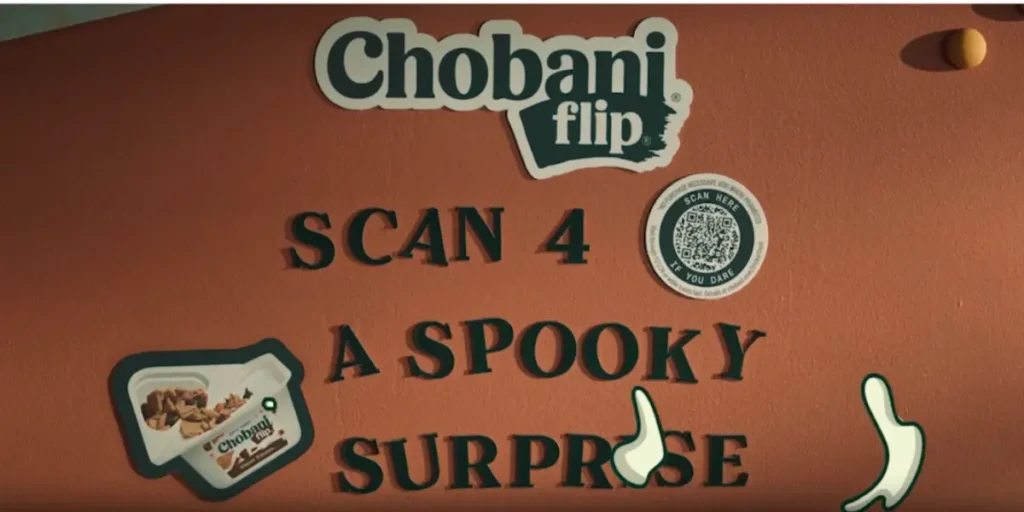 Chobani's revamped website above-the-fold, showcasing a Halloween-themed design with vibrant visuals for a seasonal campaign.