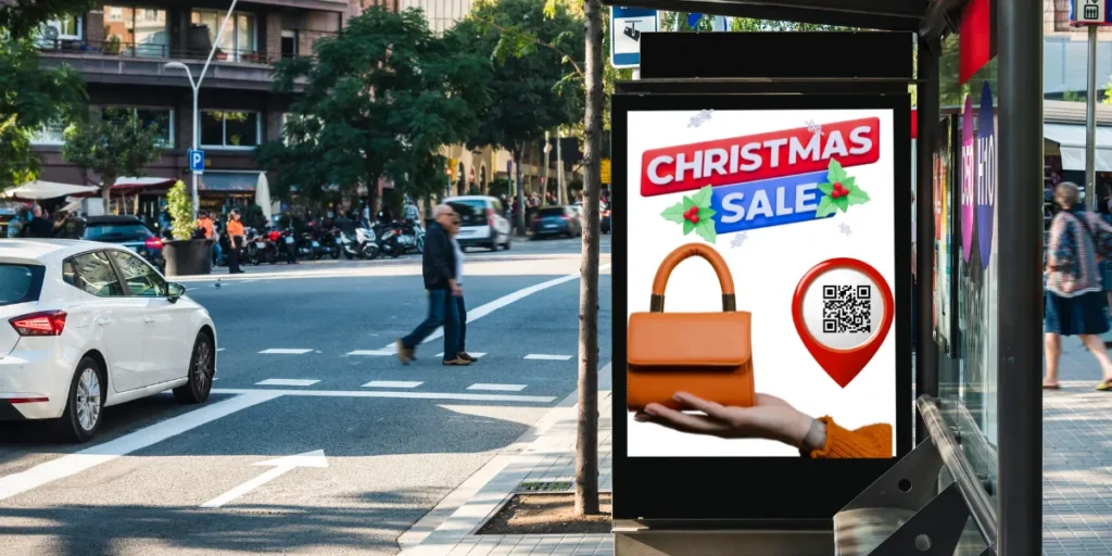 A street promotion campaign for a bag store, using a Google Map QR Code to promote the Christmas sale and increase store footfall.