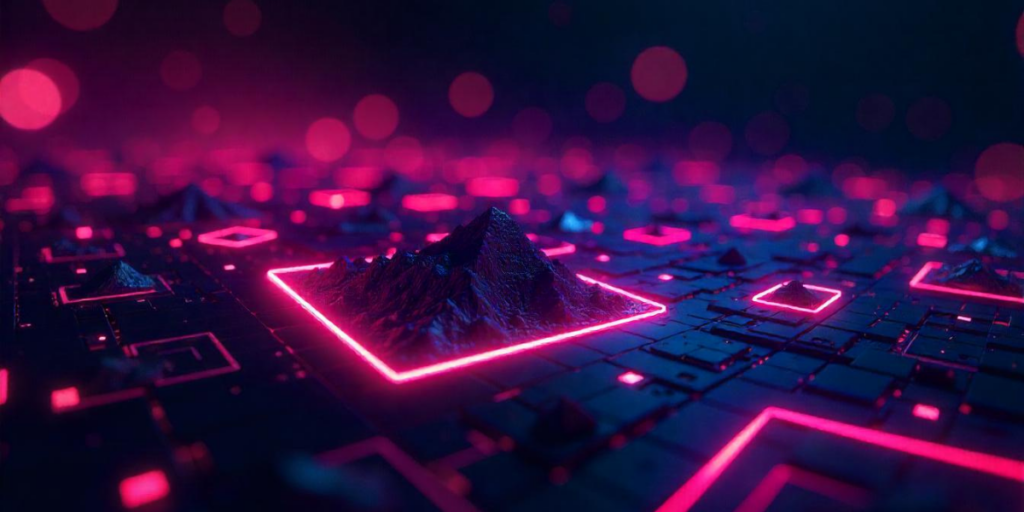 A 3D render of a mountain, with a blue gradient background.