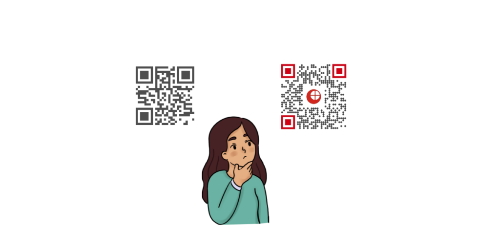 A woman standing under two different QR Codes wondering "can a qr code be any color?"