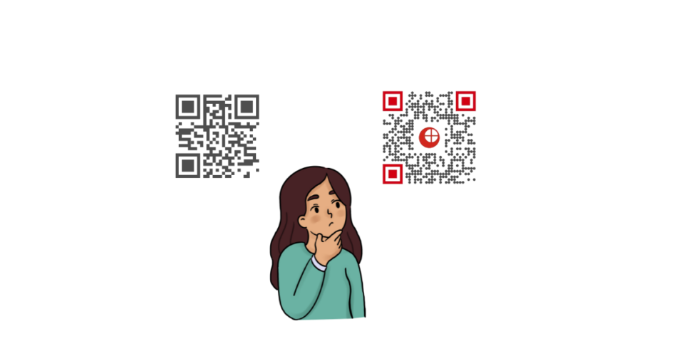 A woman standing under two different QR Codes wondering "Does a QR Code Have to Be Black and White?"