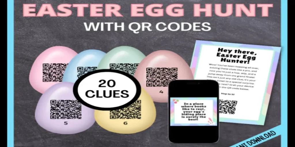 An engaging image by Etsy outlining the rules for a fun Easter Egg Hunt game, featuring 20 hidden clues accessible via QR Codes.