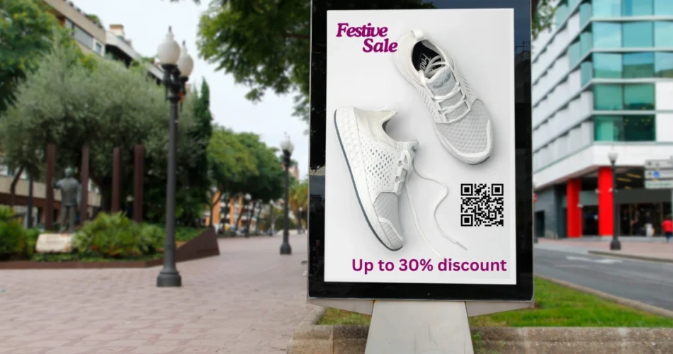 A shoe brand promoting its seasonal sale during the festive season, using QR Codes to drive store footfall.