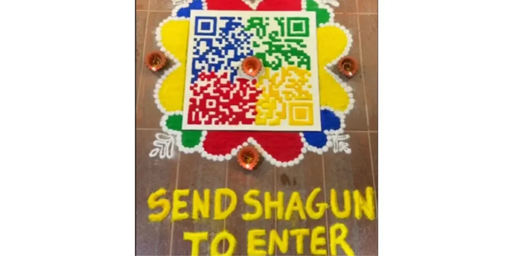 A vibrant Instagram Rangoli on Google's channel with a colorful QR Code and the CTA "Send Shagun to Enter."