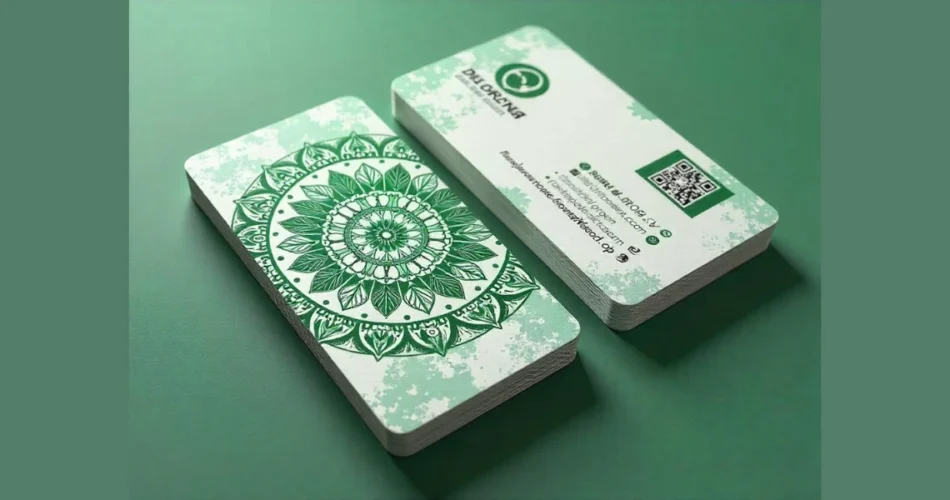 Two metal business card with QR Code, having green details.