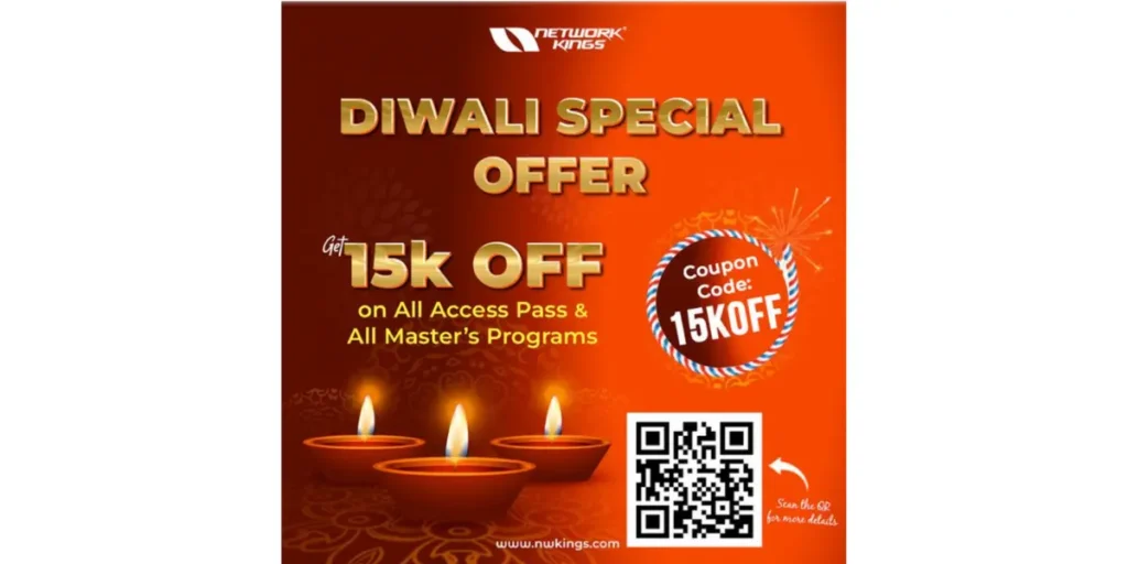 Diwali special offer by Network Kings with a QR Code for a newbie discount to attract a new audience through a promotional campaign.