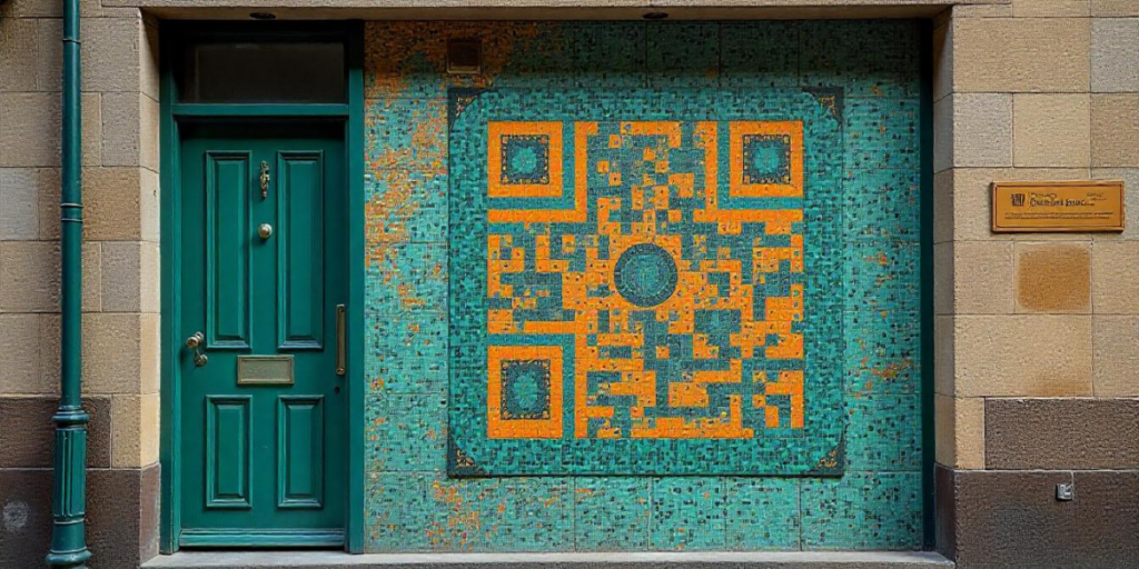 A yellow QR Code on a blue mosaic background.