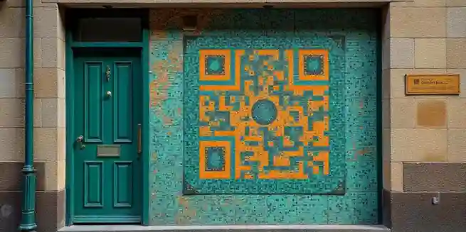 A yellow QR Code on a blue mosaic background.