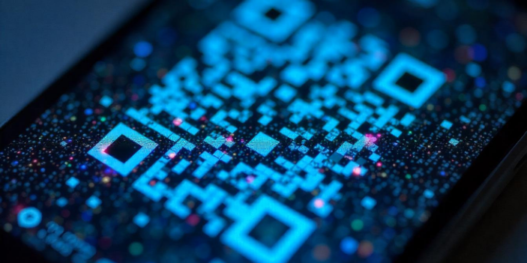 A blue QR Code on a digital screen.