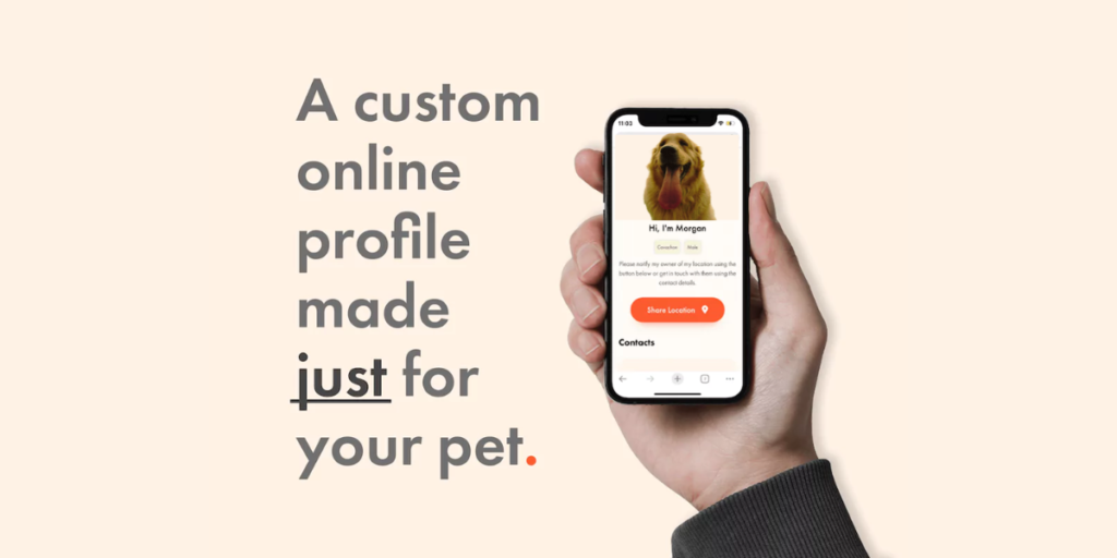 A hand holding a smartphone with a custom online profile for a pet.