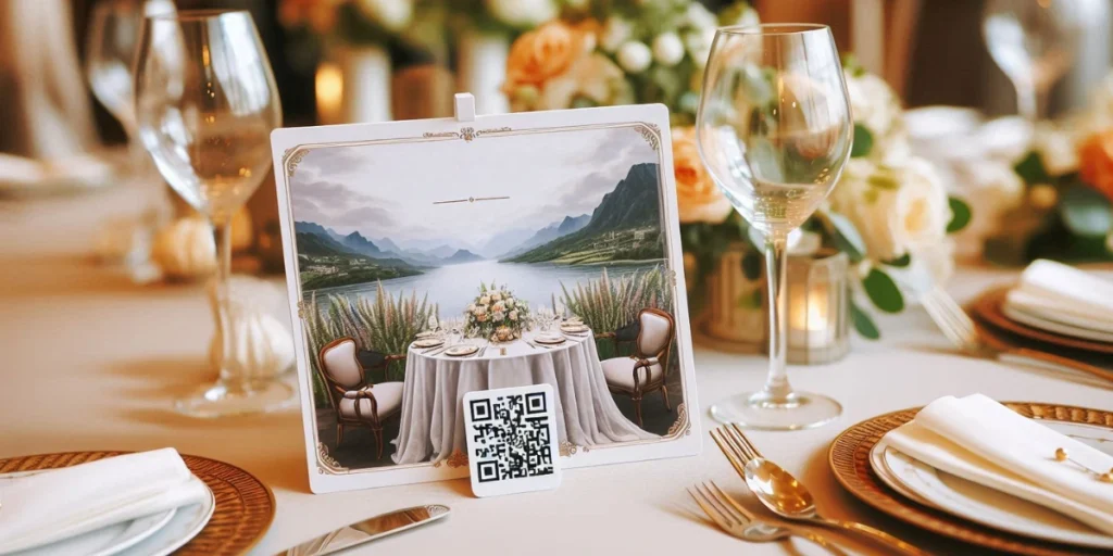 A wedding reception table, with a QR Code for wedding picture placed on it.