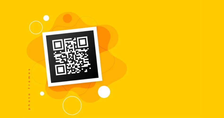 A QR Code on a polaroid, on a yellow background.