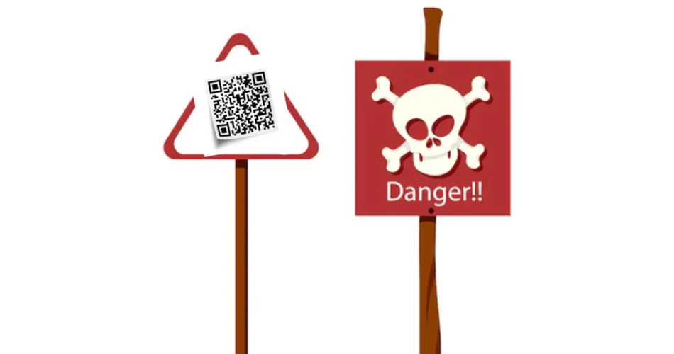 A road sign with a QR Code on it, and another one with a danger sign on it.