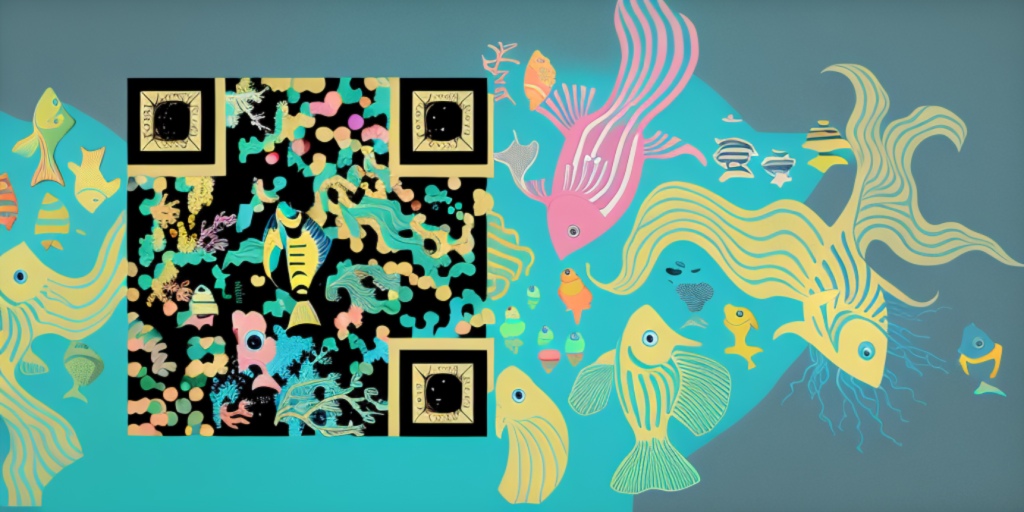 An artistic QR Code with a fish and water design.