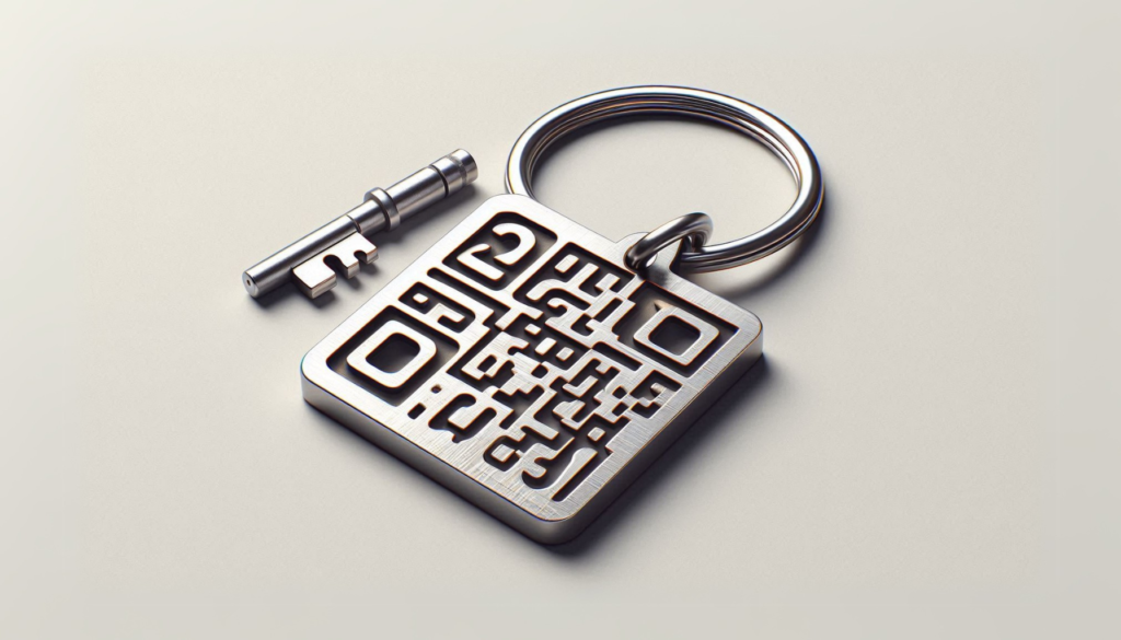 A QR Code keychain with a key around it.